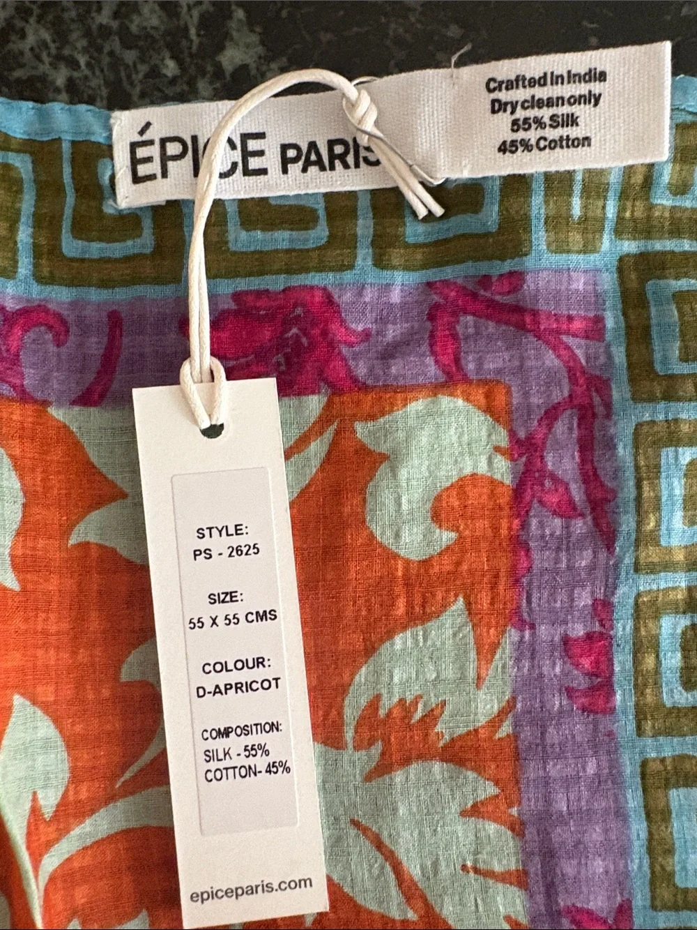 EPICE Paris Apricot Floral Square silk and cotton Scarf